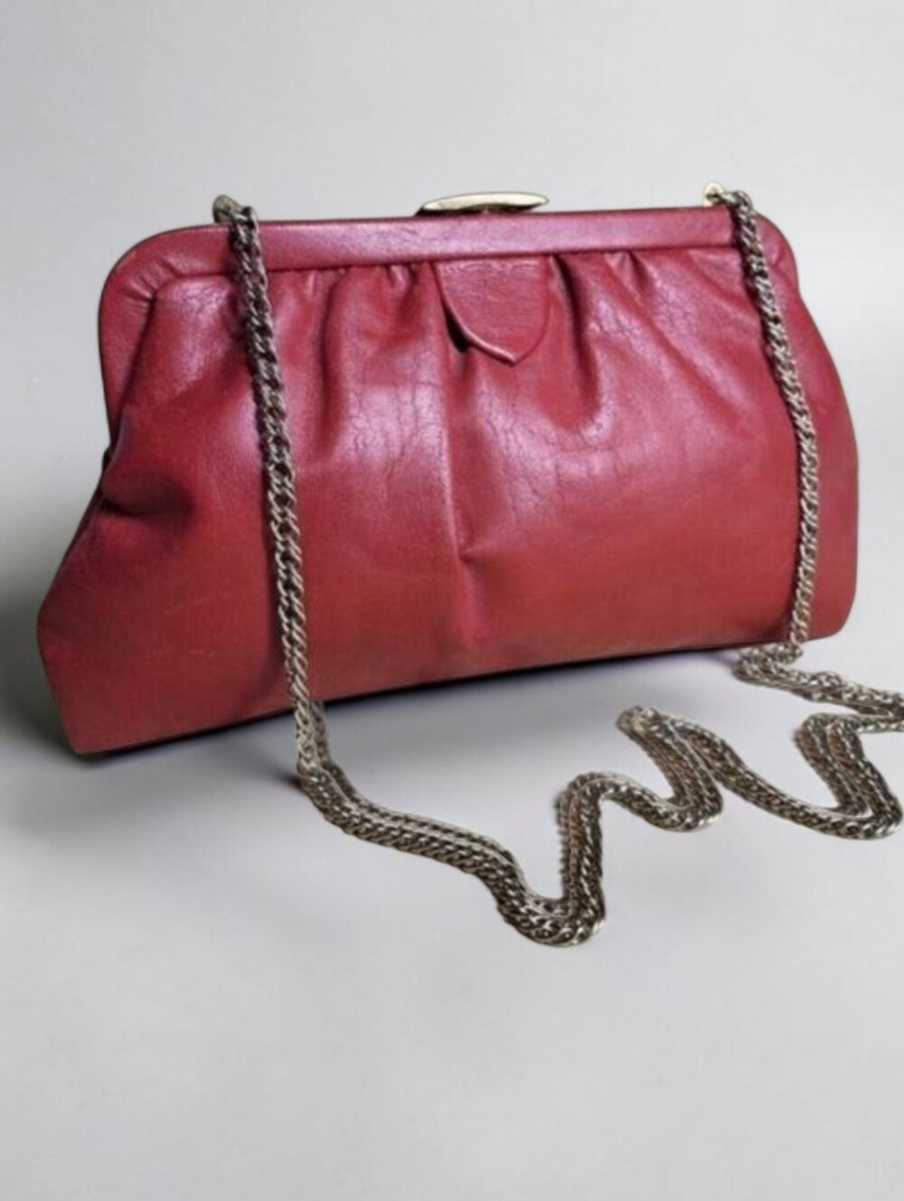 𝅺Vintage Cara Red Leather Frame Clutch Purse Convertible Chain Strap